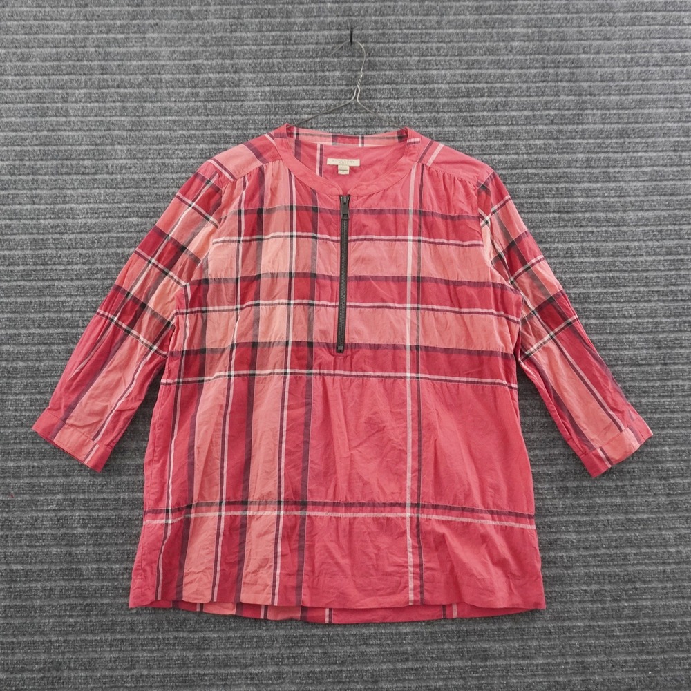 Burberry Brit Blouse Womens Size M Pink Plaid Half Zip 3/4 Sleeve Top